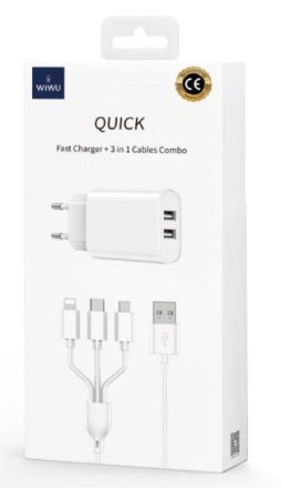  Сетевое зар. устр. WIWU Wi-U003 c шнуром Micro/Type-C/Lightning 2USB 2.1A белое