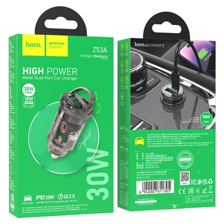  Автомобильное заряд. устр. Hoco Z53A 1USB/1C 18W/30W чёрный
