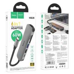 Кабель-переходник Hoco HB28 Type-C на HDMI/USB3.0/USB2.0/USB-C/MicroSD/SD серый