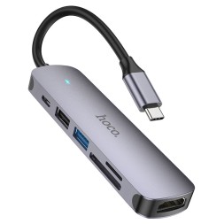 Кабель-переходник Hoco HB28 Type-C на HDMI/USB3.0/USB2.0/USB-C/MicroSD/SD серый