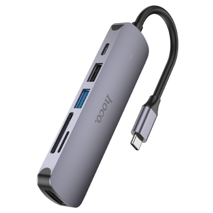  Кабель-переходник Hoco HB28 Type-C на HDMI/USB3.0/USB2.0/USB-C/MicroSD/SD серый