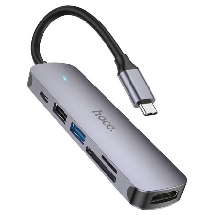  Кабель-переходник Hoco HB28 Type-C на HDMI/USB3.0/USB2.0/USB-C/MicroSD/SD серый