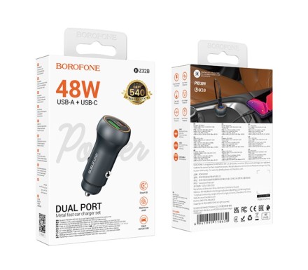  Автомобильное заряд. устр. Borofone BZ32B 1C/1USB 30W+18W темно-серое