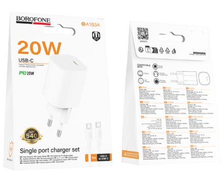  Сетевое зар. устр. Borofone BA103A с шнуром Type-C на Type-C 1C 20W белое