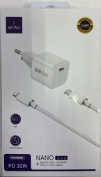 Сетевое зар. устр. WIWU GaN Wi-U006 c шнуром Type-C на Lightning 1C 30W белое