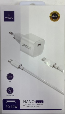 Сетевое зар. устр. WIWU GaN Wi-U006 c шнуром Type-C на Lightning 1C 30W белое