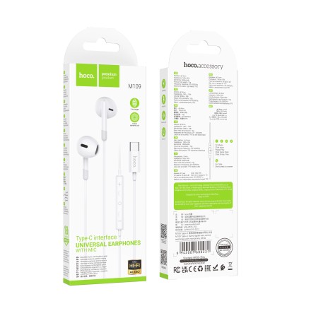  Стереонаушники Hoco M109 Type-C с микрофоном 1.2м белый