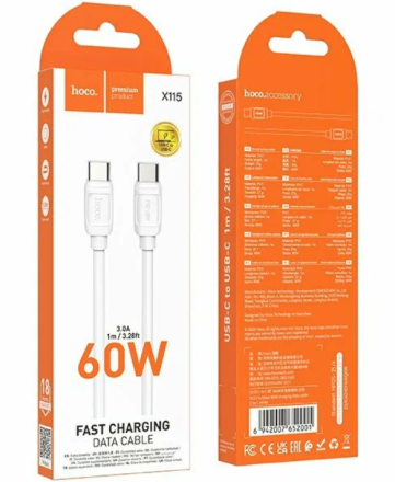  Usb Кабель-зарядка Type-C на Type-C Hoco X115 60W 1м силиконовый белый
