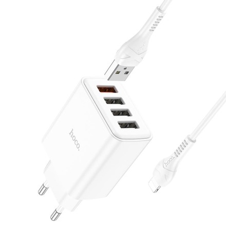 Сетевое зар. устр. Hoco C102A с кабелем Lightning 4USB 18W QC3.0 белое