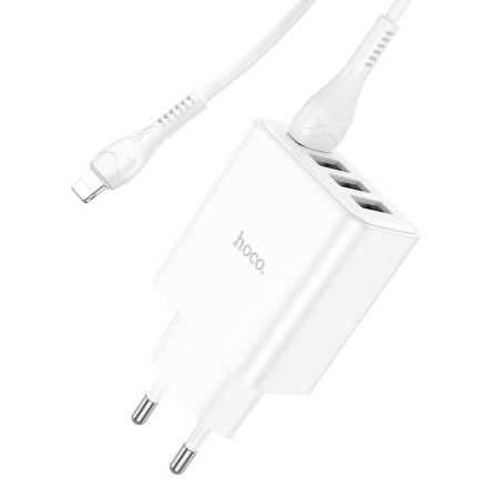  Сетевое зар. устр. Hoco C102A с кабелем Lightning 4USB 18W QC3.0 белое