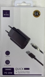 Сетевое зар. устр. WIWU Wi-U002 c шнуром Type-C 1USB/1C 20W черное