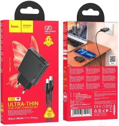 Сетевое зар. устр. Hoco N38 с шнуром Type-C на Lightning 1USB/1С PD3.0/QC3.0 3A 20W черное