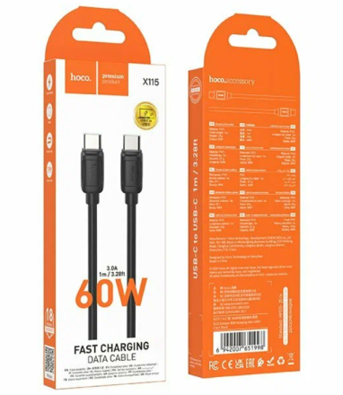  Usb Кабель-зарядка Type-C на Type-C Hoco X115 60W 1м силиконовый черный