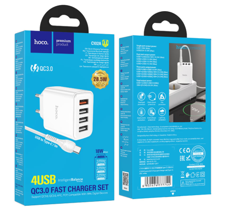  Сетевое зар. устр. Hoco C102A с кабелем Type-C 4USB 18W QC3.0 белое