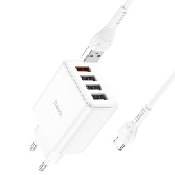 Сетевое зар. устр. Hoco C102A с шнуром Type-C 4USB 18W QC3.0 белое