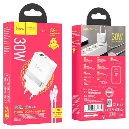  Сетевое зар. устр. Hoco N21 с шнуром Type-C на Lightning 2USB/1С 30W белое