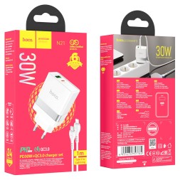 Сетевое зар. устр. Hoco N21 с шнуром Type-C на Lightning 2USB/1С 30W белое