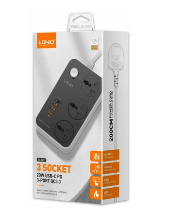  Сетевой фильтр LDNIO SC3412 2м/3 розетки/3 USB/1 USB-C серый