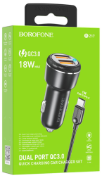 Автомобильное заряд. устр. Borofone BZ17 с шнуром Type-C 2USB QC3.0 черное