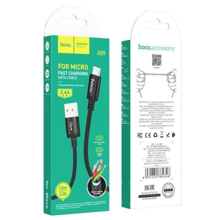  Usb Кабель-зарядка Micro Hoco X89 1м 2.4A в тканевой оплетке черный
