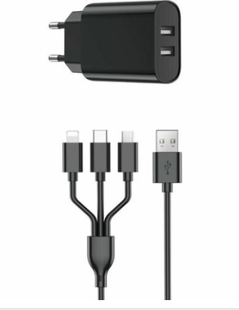  Сетевое зар. устр. WIWU Wi-U003 c шнуром Micro/Type-C/Lightning 2USB 2.1A черное
