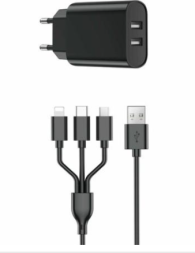 Сетевое зар. устр. WIWU Wi-U003 c шнуром Micro/Type-C/Lightning 2USB 2.1A черное