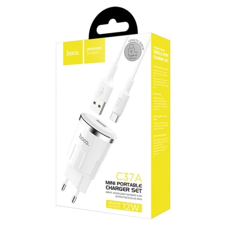  Сетевое зар. устр. Hoco C37A 1USB Type-C белое