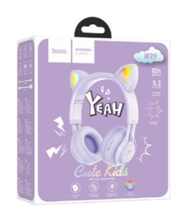  Стереонаушники полноразмерные Hoco W39 детские c ушками фиолетовые