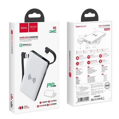  Powerbank с беспроводной зарядкой Hoco S10 10000mAh с шнуром Lightning 1USB/1C/Qi 18W/18W/5W белый