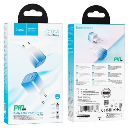  Сетевое зар. устр. Hoco C101A 1С PD3.0/QC3.0 20W ледяной синий