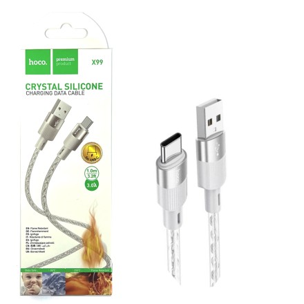  Usb Кабель-зарядка Type-C HOCO X99 Crystal ice 3A 1м силиконовый серебристый
