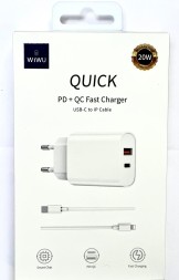 Сетевое зар. устр. WIWU Wi-U002 c шнуром Type-C на Lightning 1USB/1C 20W белое