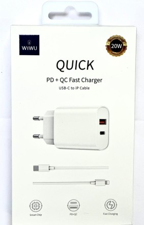  Сетевое зар. устр. WIWU Wi-U002 c шнуром Type-C на Lightning 1USB/1C 20W белое