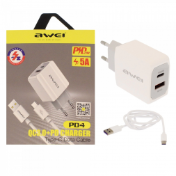 Сетевое зар. устр. Awei PD4 с шнуром Type-C 1USB/1C QC3.0 5A 20W белое