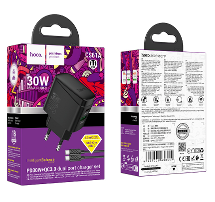  Сетевое зар. устр. Hoco CS61A с шнуром Type-C на Type-C 1USB/1C 30W черный