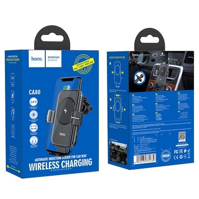  Держатель c беспроводной зарядкой в воздуховод Hoco CA80 (MagSafe) 15W с зажимом черный