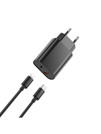  Сетевое зар. устр. WIWU Wi-U002 c шнуром Type-C на Lightning 1USB/1C 20W черное