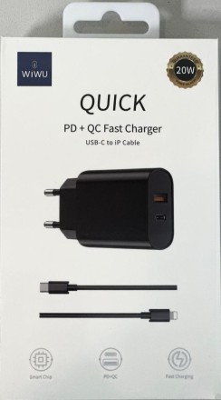  Сетевое зар. устр. WIWU Wi-U002 c шнуром Type-C на Lightning 1USB/1C 20W черное
