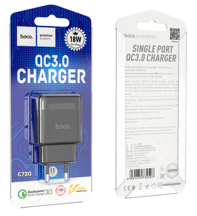  Сетевое зар. устр. Hoco C72Q QC3.0 18W 1USB , черное