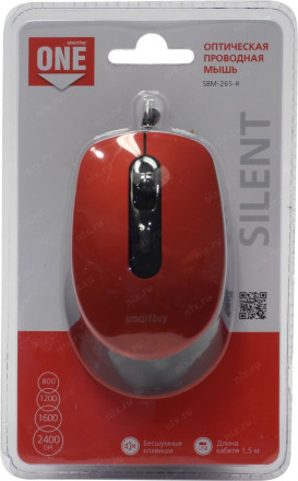 Мышь проводная беззвучная Smartbuy ONE 265 USB/DPI 800-1200-1600-2400/4 кнопки/1.5м красная (SBM-265