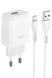 Сетевое зар. устр. Hoco C72Q QC3.0 1USB с шнуром Micro, белое