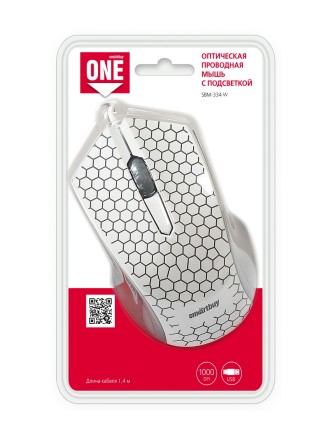  Мышь проводная с подсветкой Smartbuy ONE 334 USB/DPI 1000/3 кнопки/LED/1.4м белая (SBM-334-W)