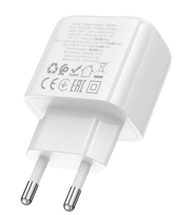  Сетевое зар. устр. Borofone BAS45A 1USB/1C 30W QC3.0 белое