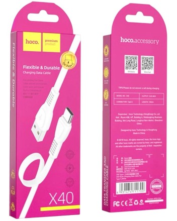  Usb Кабель-зарядка Type-C Hoco X40 Noah 3A 1м плоский силиконовый белый