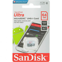 micro SDXC карта памяти SanDisk 64GB Class 10 UHS-1 Ultra 100MB/s без адапт. (SDSQUNR-064G-GN3MN)