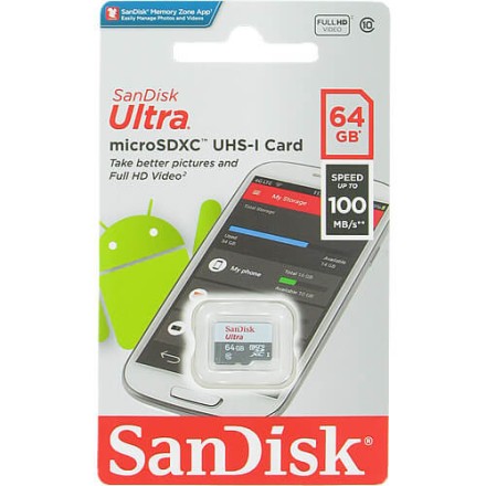  micro SDXC карта памяти SanDisk 64GB Class 10 UHS-1 Ultra 100MB/s без адапт. (SDSQUNR-064G-GN3MN)