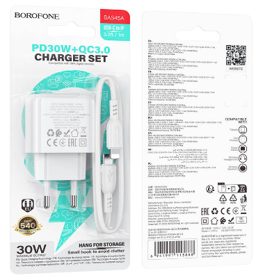  Сетевое зар. устр. Borofone BAS45A с шнуром Type-C на Lightning 1USB/1C 30W QC3.0 белое