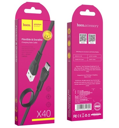  Usb Кабель-зарядка Type-C Hoco X40 Noah 3A 1м плоский силиконовый чёрный