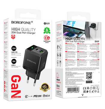  Сетевое зар. устр. Borofone BN19 1USB/1C 20W черное