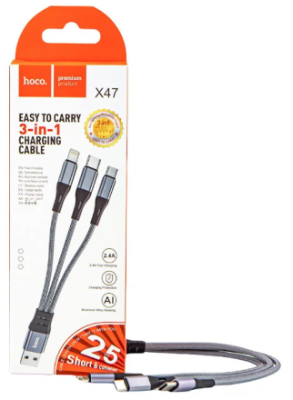  Usb Кабель-зарядка Hoco X47 3в1 Micro/Lightning/Type-C 25см серый